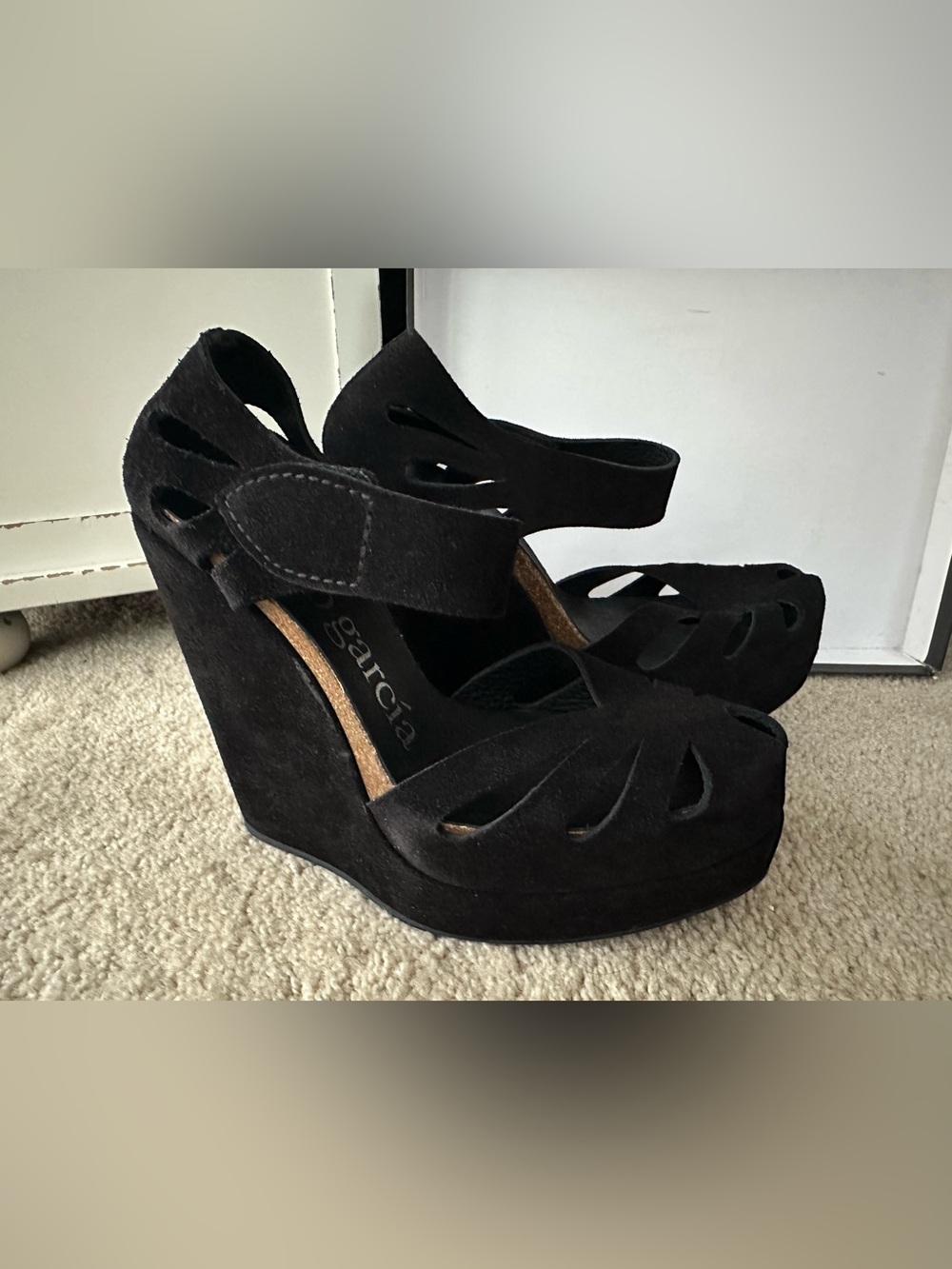 Sexy Pedro Garcia Black Suede Cutout Wedge Sandals